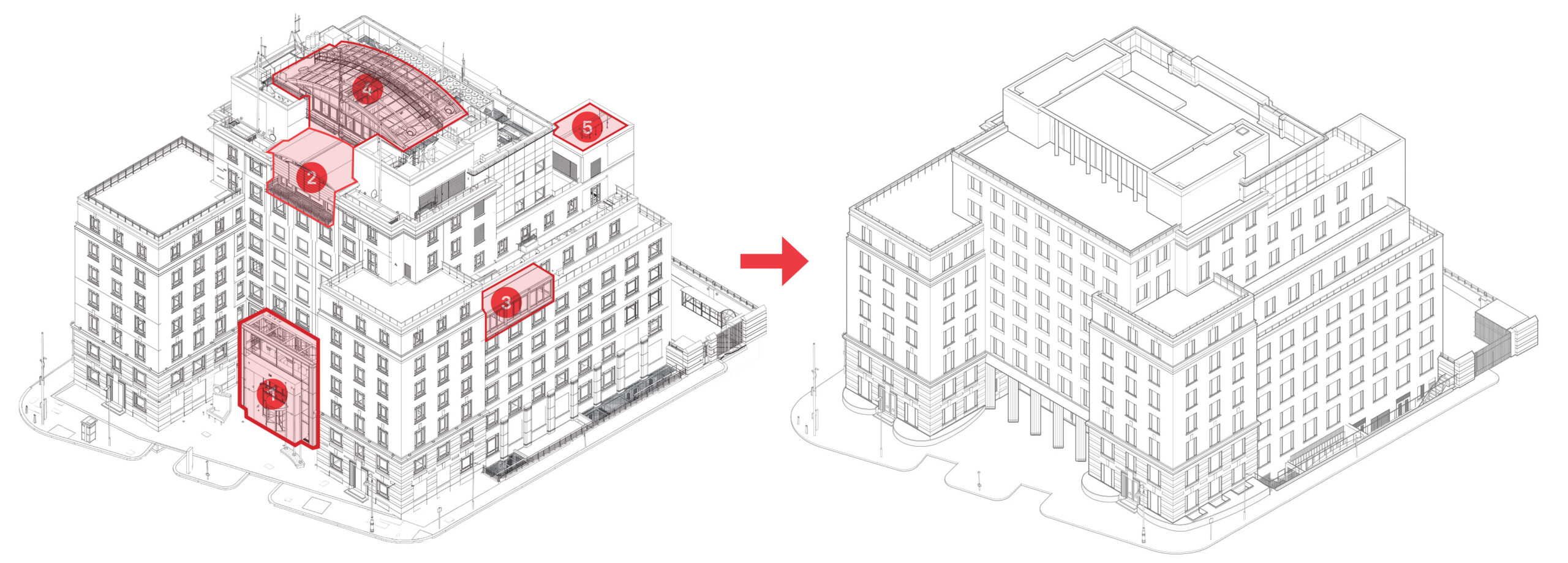 Mercury House proposed building changes — front elevation diagram showing removal of 1990s additions and the new entrance.