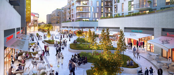 CGI of the wider town square at High Street Quarter, looking across planting and outdoor seating