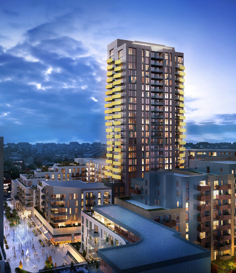 CGI aerial view of the High Street Quarter residential tower at dusk, above the town square