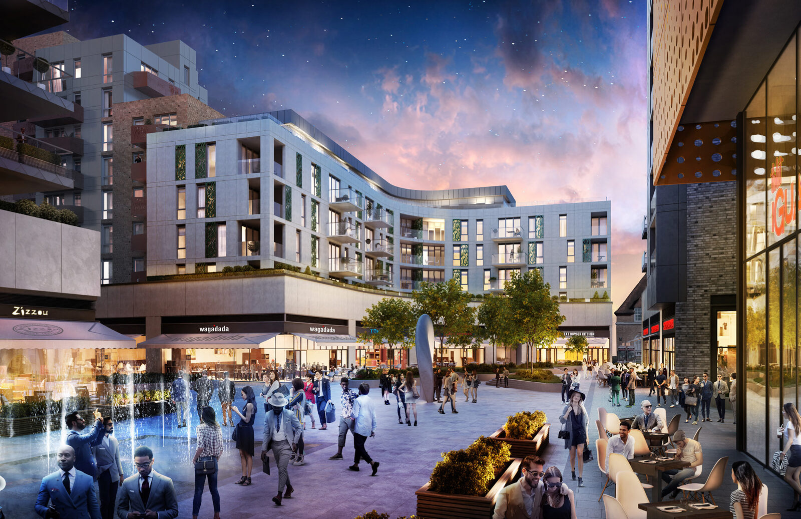 CGI of the High Street Quarter town square at dusk, with water jets, seating and restaurant units below new apartments